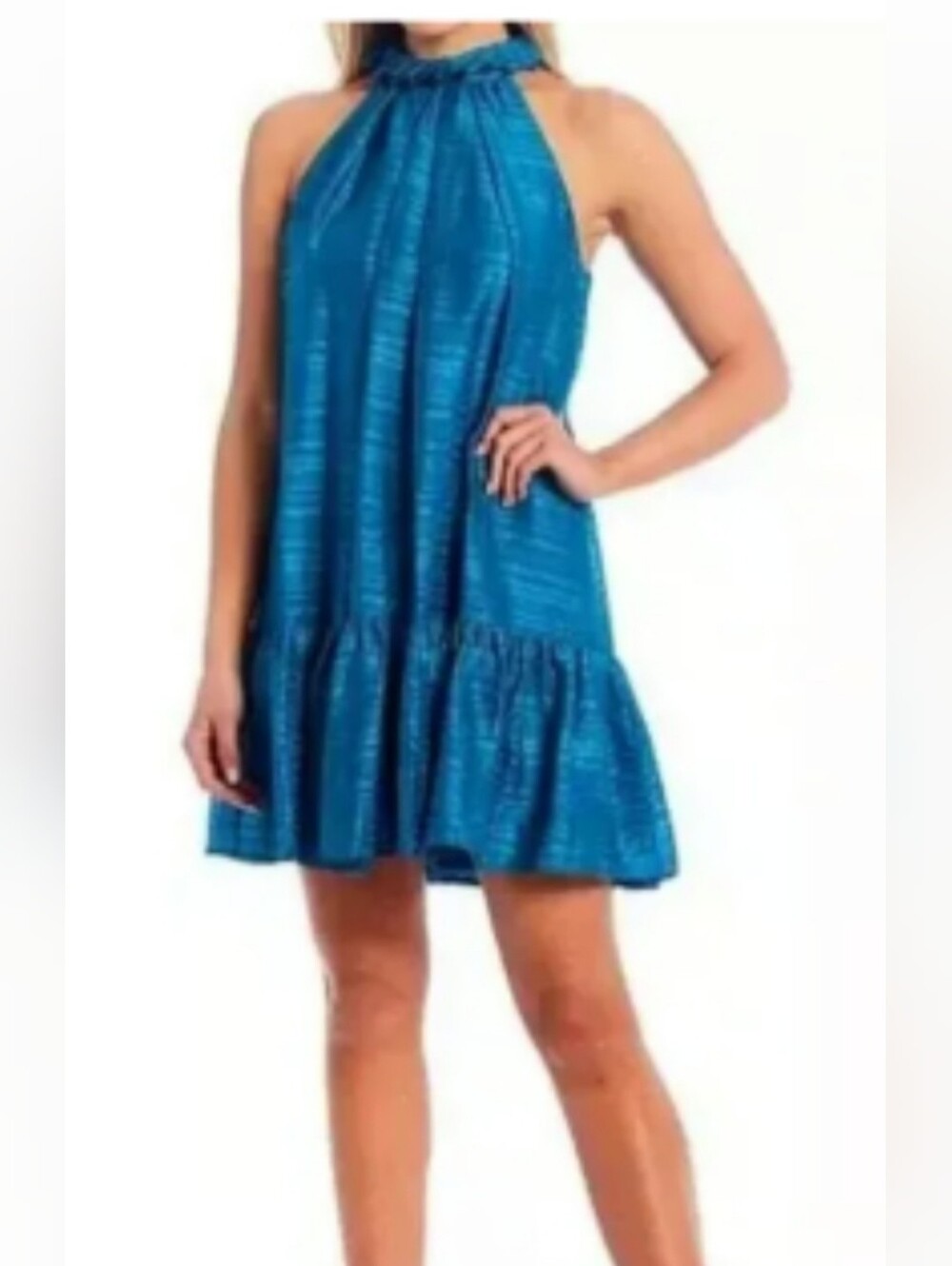 Belle Badgley Mischka Teal Metalic Stripe Halter Ruffle Mini Dress Woman Sz 8